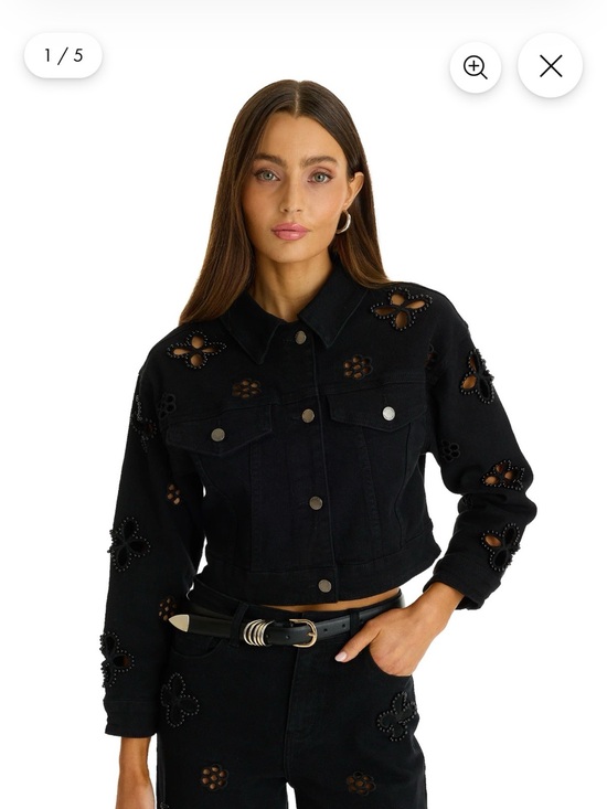 The Nolistore Jackets & Blazers - Women's Black Cropped Eyelet Denim Jacket